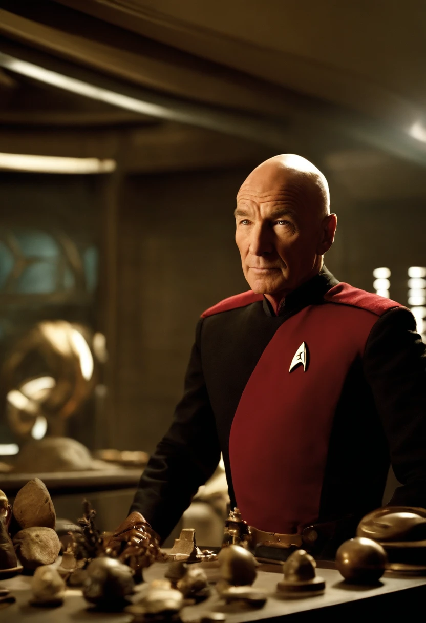 A photo of Captain Picard meticulously arranging a display of ancient artifacts in the ship's archaeology lab.,Star Trek: The Next Generation,Picard is bald, with a poised, upright bearing, and a measured, commanding presence that complements his tactical brilliance. His visage is marked by sharp, discerning eyes and a stately air, often clad in the sleek, red and black Starfleet uniform that denotes his rank and the respect he commands as captain, male