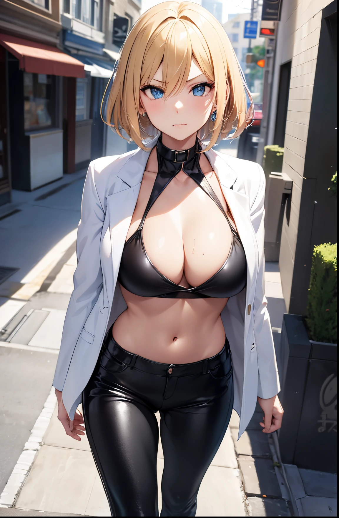 2D Anime Style、Blue eyes、Beautiful shining eyes, (Talented lo-fi:1.3),breasts are slightly larger、high and beautiful nose,Beautiful face with slender contours,A cool adult woman with short blonde hair and an angry expression.............、Fashion that shows off your stomach, He is wearing an unbuttoned black shirt and black leather pants。..,Wearing a white coat,walking down the streets of america,