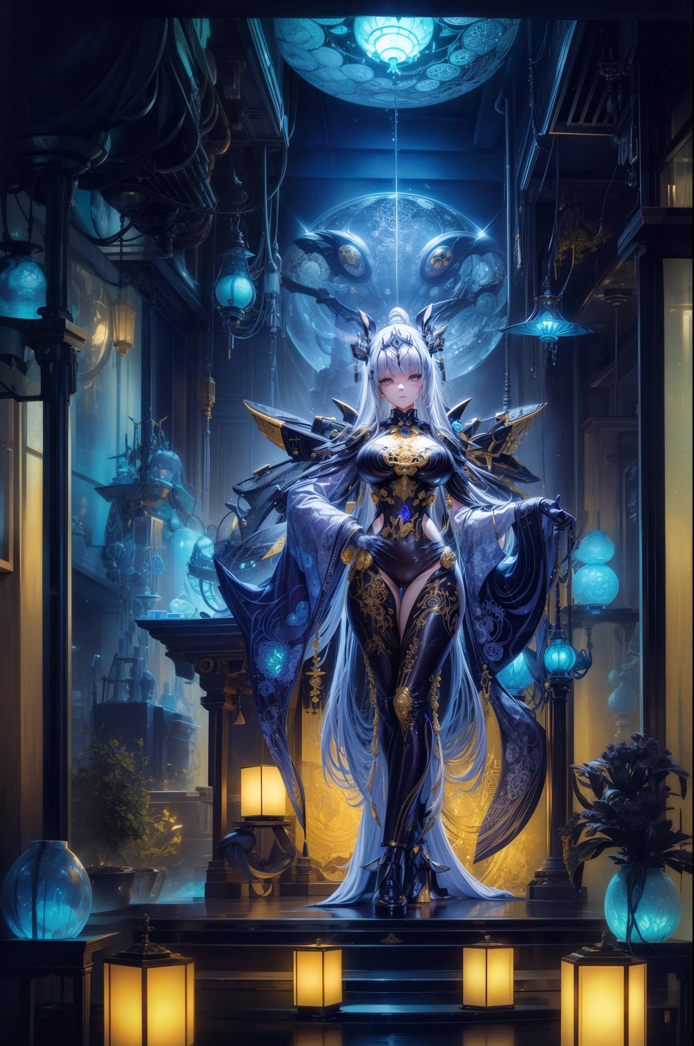 Photos of Japanese female robots in their 20s,Made of white and silver clear glass and plastic, geisha makeup, Black hairstyle, Silver and gold metallic interior, dynamicposes, flowing organic structure, Meticulous carving, Lace design, Glowing gold circuit, Colorful neon lights decoration, Meticulous carving, Lace design, glowing circuitry, neon trim, H'artistically.r. Giger, Greg Rutowski