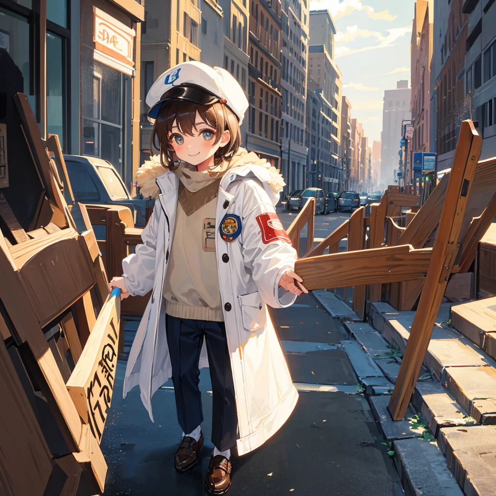 8 year old boy,brown hair and eyes,Light brown newsboy cap and shearling shoes,White coat,cute little,animesque,Big eyes,Shy smile