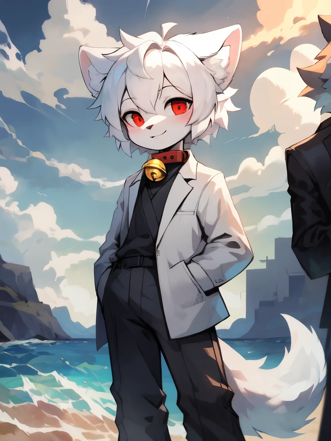 ( boy)Beautiful and detailed portrait,white color hair, 16k,are standing,sideways standing,Turn your head slightly towards the audience,Red pupils,white wolf big ears,White Wolf Tail(White color blouse,black long pants,Black lab coat),(There is a red collar,There is a yellow bell on it)Full body lesbian,beach seaside background,ssmile
