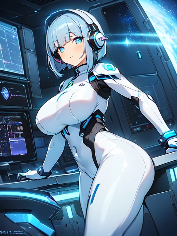masterpiece:1.4, 1girl in ((20yr old, Wearing a futuristic white and silver costume, Tight Fit Bodysuit, long boots, Very gigantic-breasts, Colorful blue hair, a short bob, Perfect model body, Blue eyes:1.2, Wearing headphones, Looking out the window of the futuristic sci-fi space station、While admiring the beautiful galaxy:1.2, SFSF control room on night background:1.1, Neon and energetic atmosphere:1.2)) ((Galaxy))