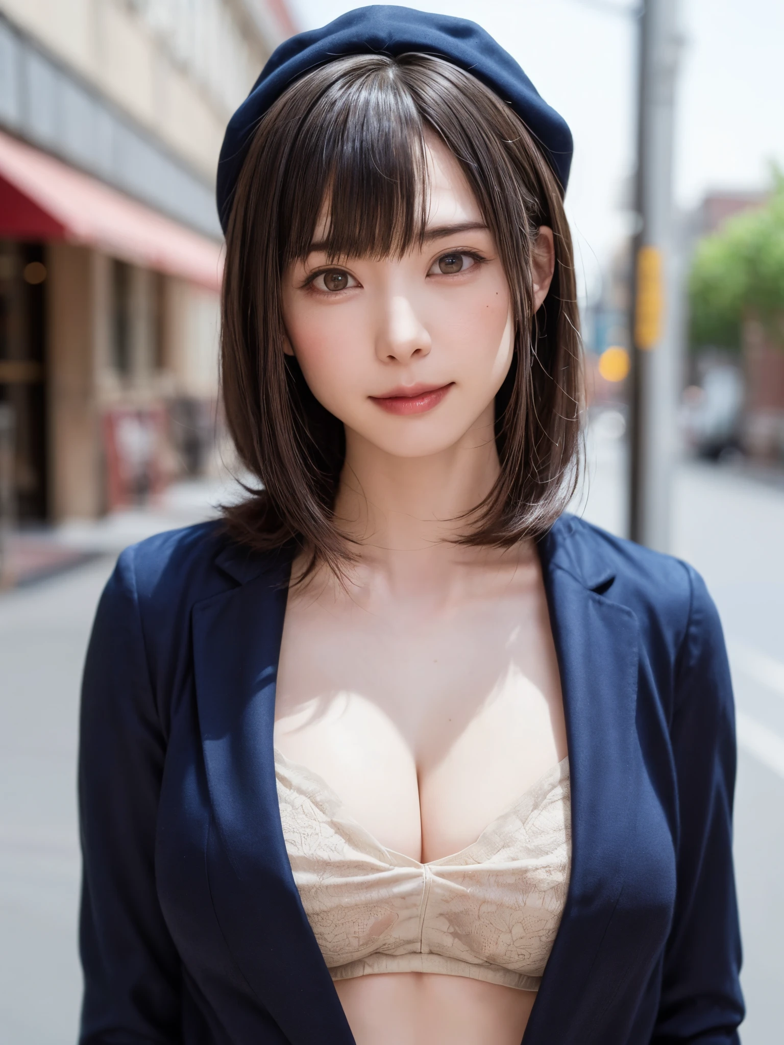 (Face Focus、Very eye focus、Head tilt、Very chest focus、underboob、mid-riff peak、hyper realisitic、Photorealistic、masutepiece:1.4, top-quality:1.4、Add intense highlights to the eyes:1.hort shiny hair:1.4 ),1girl in, 独奏, short dark hair, scarf, Hats,, realisitic, looking at the viewers, brown eyes of light color,, shorth hair, coat, Winter clothes, White headscarf, s lips, lipgloss:1.4，bangss,a closed mouth, The upper part of the body、big eye、Lashes、((Street))、(((Shorthair with bangs:1.4、big eye、Put very strong highlights in your students、{Gigantic|Big|Huge|Mega} breleavage、ver breasts、gazing at Very beautiful beauty、Put your ears out、long neck、little smiling、Close your mouth and smile、Beautiful teeth)))、Beautiful adult woman full of charm:1.4、(Autumn leaves are blue without people or cars々tree-lined street)