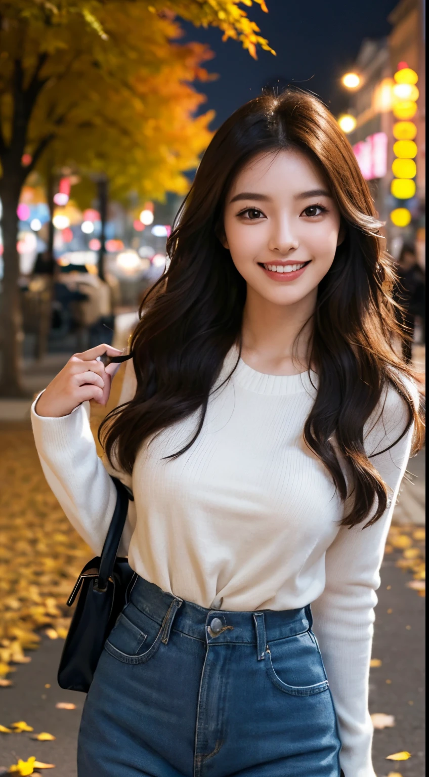 (Best Quality,16 K,hight resolution,masutepiece:1.2),Ultra-detailed,(Realistic,Photorealistic,Photorealsitic:1.37),Korean Fashion Beauty,Japan and the beauty of Korea,Cute and innocent,Eyes and faces with detailed,Beautiful detailed lips,long eyelashes,Slimming down,Fashionable in dressings,Plump upper circumference, Big smile with teeth,(lovely,Charming:1.1), Falling leaves, Autumn street background,Stylish clothes and accessories, Vivid colors,Street lights.