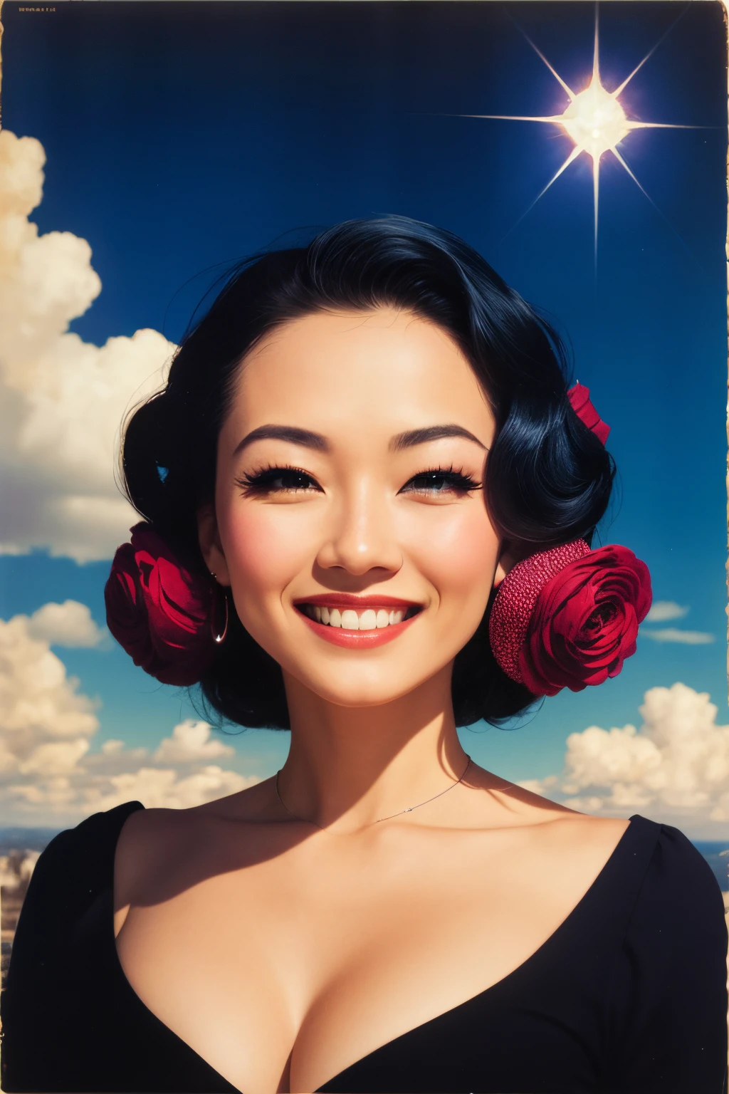 ((Best quality)), ((Masterpiece)), (Detailed), visage parfait, black hair, hair bobbles, wince, longeyelashes, light smile, ear blush, fang, Surrealism, drop shadow, anaglyph, stereogram, tachi-e, pov, atmospheric perspective, American propaganda poster, 8k, super detail, ccurate, best quality