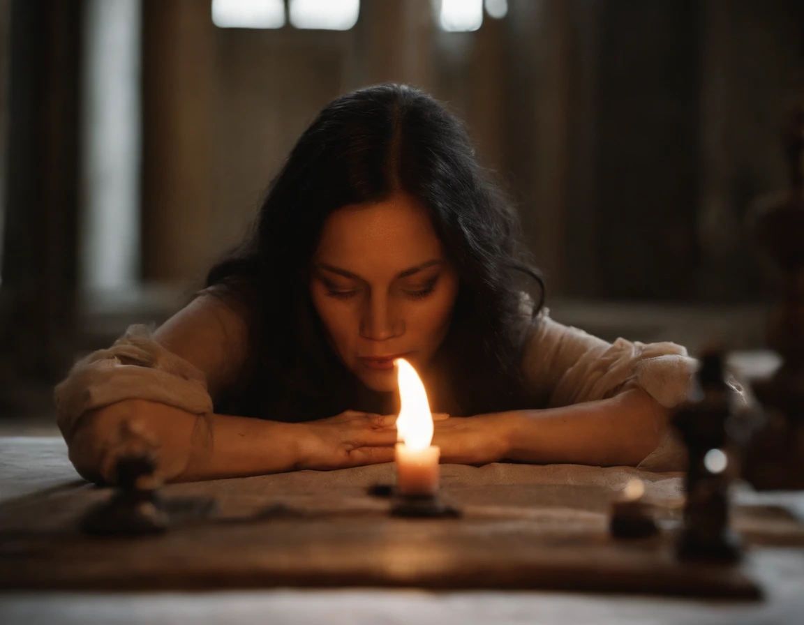 A disturbing trial by fire in a tense, unsettling atmosphere, with historically accurate dialogues, capturing the mood of The Witch, featuring flame orange, style raw