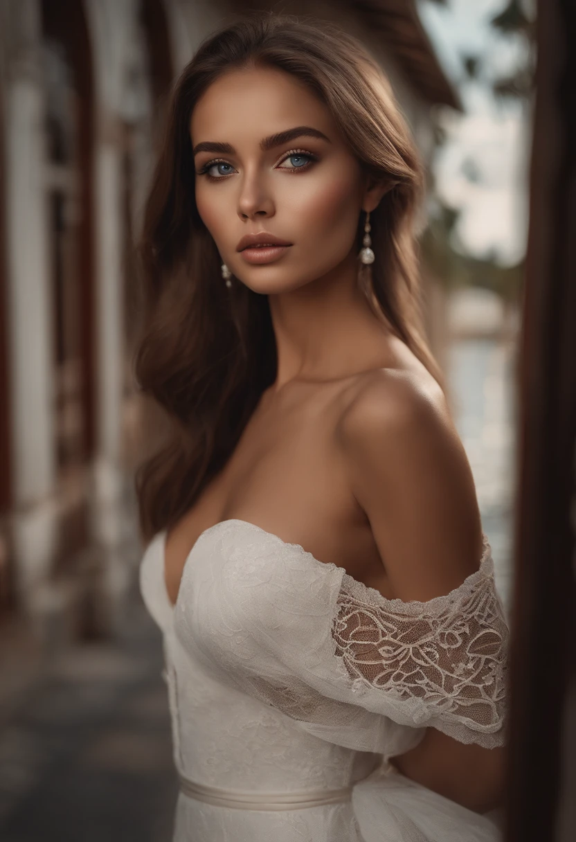 Latino and Swedish Woman, sexy girl with blue eyes, ultra realist, Meticulously detailed, Portrait Sophie Mudd, brown hair and big eyes, selfie of a young woman, Maldives, black suite, with makeup, natural makeup, looking straight at camera , Face with Artgram, Subtle makeup, Great photo of the whole body the street, in Maldives, Medium to large bust, in a sexy dress outfit, standing on Maldives