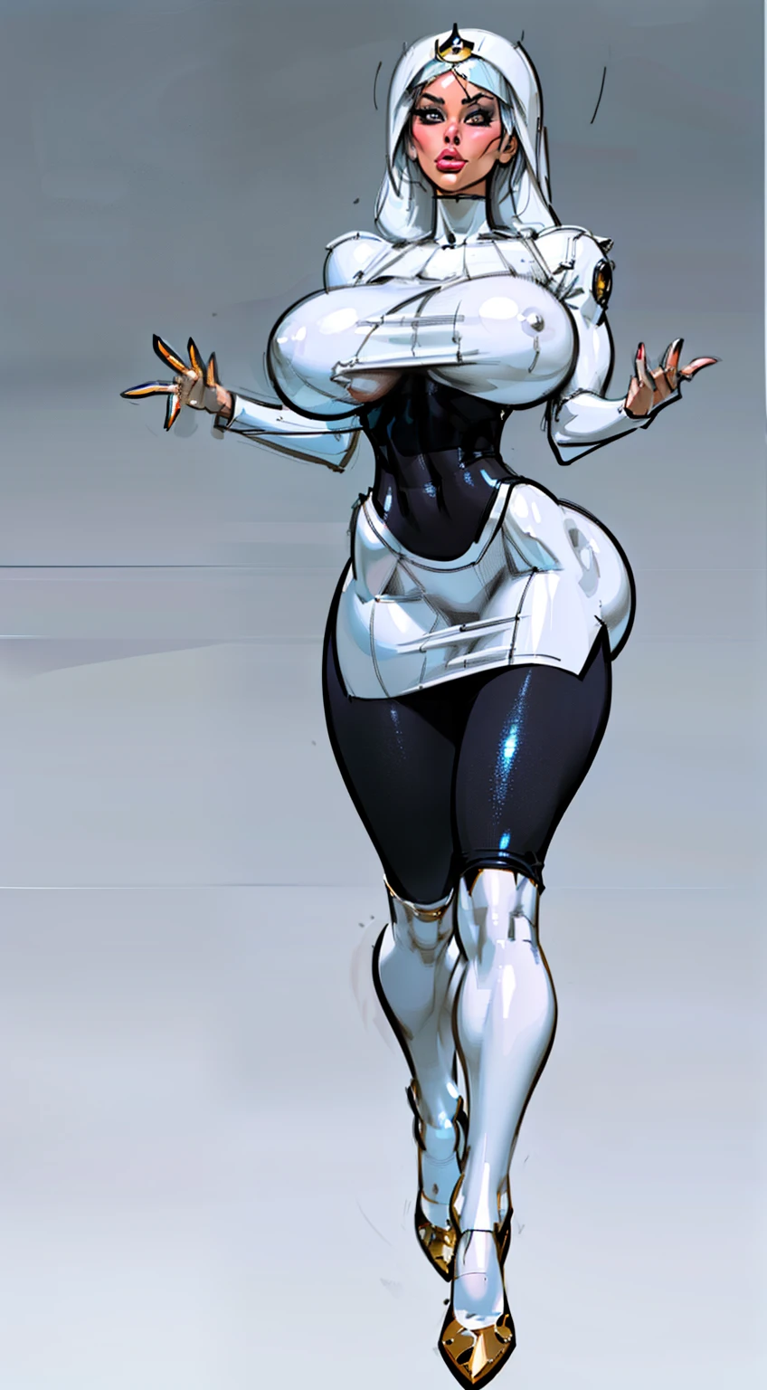 ((masterpiece)),(((best quality))),((character design sheet)), ((full body view)) mature face, defined cheekbones,((long hair:1.2)), Perfect Beautiful , robot Face ,(chrome skin:1.1), (silver arms, silver face, silver legs) ((android woman)),( metallic android , long Hair , Black Gothic Nun Dress , Athletic Body , ((metallic legs:1.2)), Realistic Lighting , Gothic Makeup , Posing Like a Model , Look at Viewer, cool lighting, ((cool ambiance light:1.0))high cheekbones, illustration, muscular, sexy bimbo, (gigantic breasts:1.3) ((detailed face:1.4)) beautiful woman, shiny skin, scribbles and marks,(puffy lips:1.4) , rough sketches, pose, 8k,16k, (simple background, white background: 1.3) ((cool color palette)),