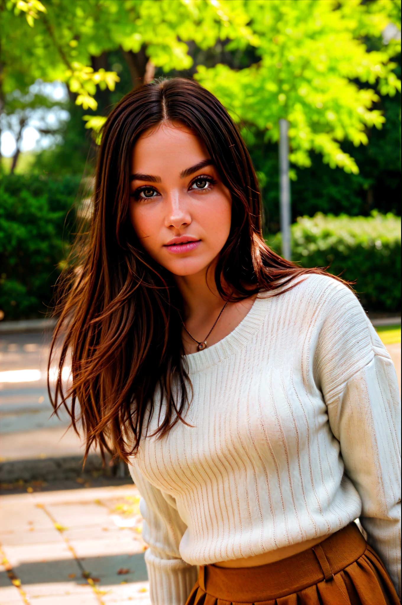 cute beautiful brunette, wearing cute sweater and skirt, outside in park ,full body, perfect angle, very detailed, 18 years old, flirty face, messy long hair, brown eyes, high-res, masterpiece, best quality,intricate details, highly detailed,sharp focus, detailed skin,realistic skin texture,texture, detailed eyes, professional, 4k, smile, shot on Canon, 85mm,shallow depth of field,kodak vision color, eyeshadow, extremely detailed, photo_\(ultra\), photorealistic, realistic, post-processing, max detail, roughness, real life, ultra realistic, photorealism, photography, 8k uhd, photography, braless, pokies