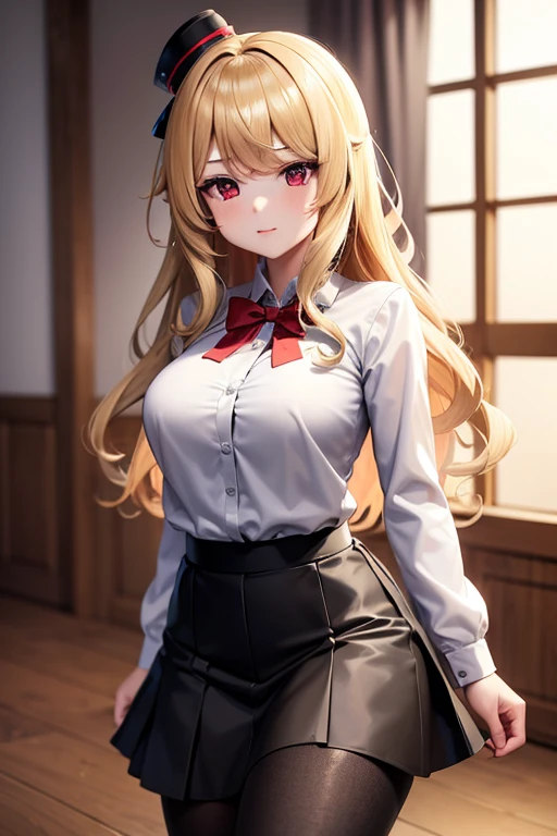 masterpiece, best quality, finely detailed, 1girlgiant, (blonde hair), wavy hair, (Bishoujo), shy, cute, (red eyes), (Cilia), (medium breasts), black asymmetric, black short skirt , black pantyhose, without hunting, showing panties