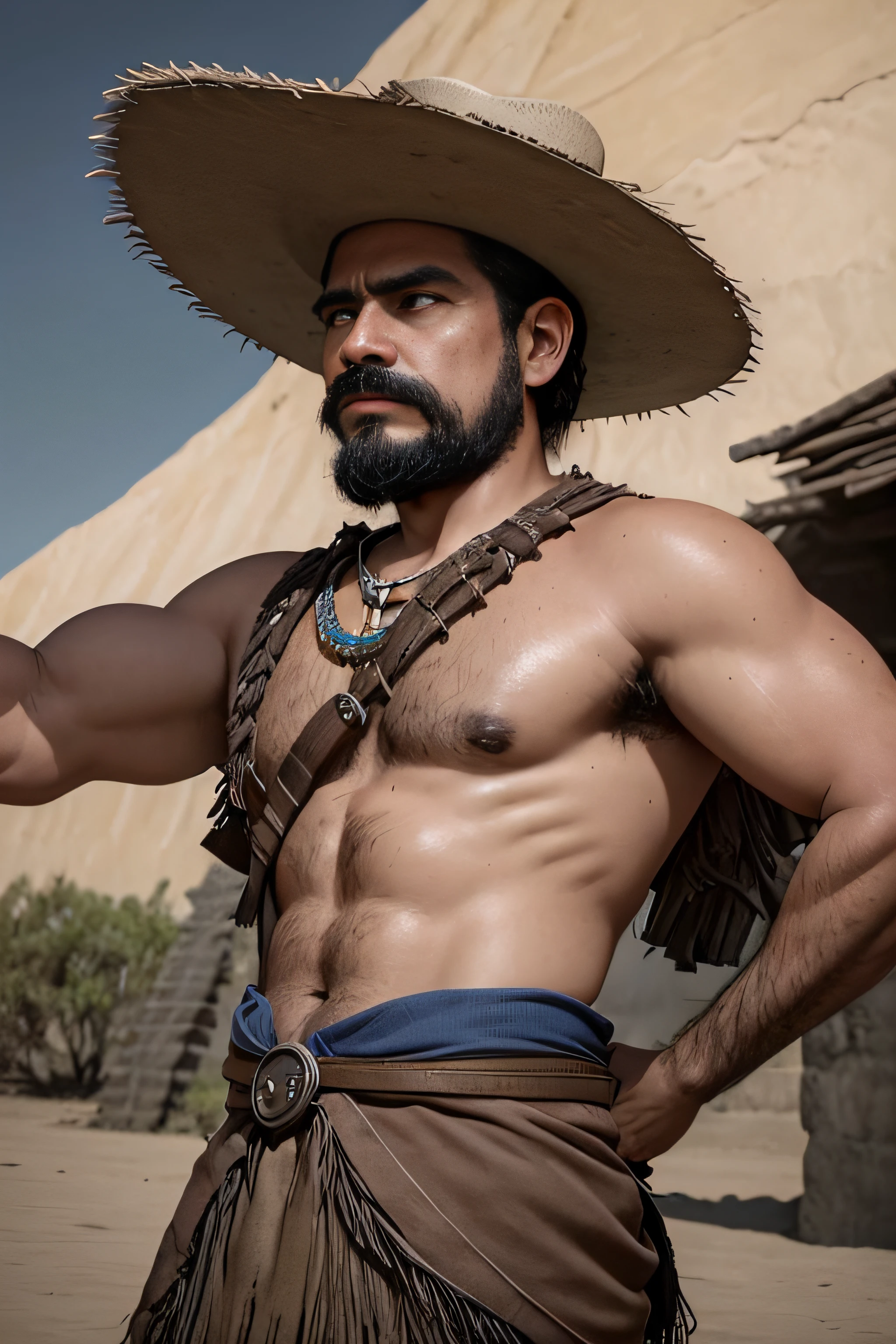 hombre revolucionario, atuendo tradicional mexicano, sombrero, fierce expression, Ojos decididos, Pose heroica, Dramatic lighting, ambiente polvoriento, Dynamic action, colores vibrantes, Bordado detallado, cuero desgastado, rustic aesthetic, historical context, intense atmosphere, Epic battle scenes, brave spirit, Iconic images, Authentic style of the Mexican revolution., iconic symbols, Passionate energy, strong ethnic identity, iconic visual elements, Powerful storytelling, Realistic depiction, Historical significance, attention to cultural details, homenaje a la herencia mexica mejor calidad, Ultra detallado, realista:1.37), HDR, pinceladas intensas, Paleta vibrante, ingeniosamente compuesto, magistralmente elaborado, High-resolution masterpiece.