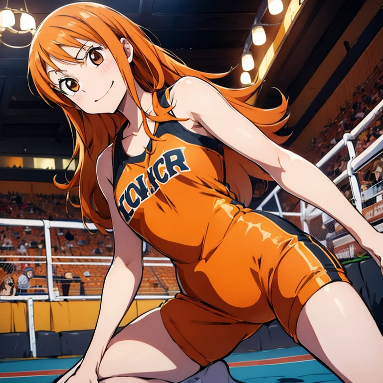 A cute tall girl with long orange hair, Brown eyes, a funny smirk, she's wearing a wrestling suite, full body pic