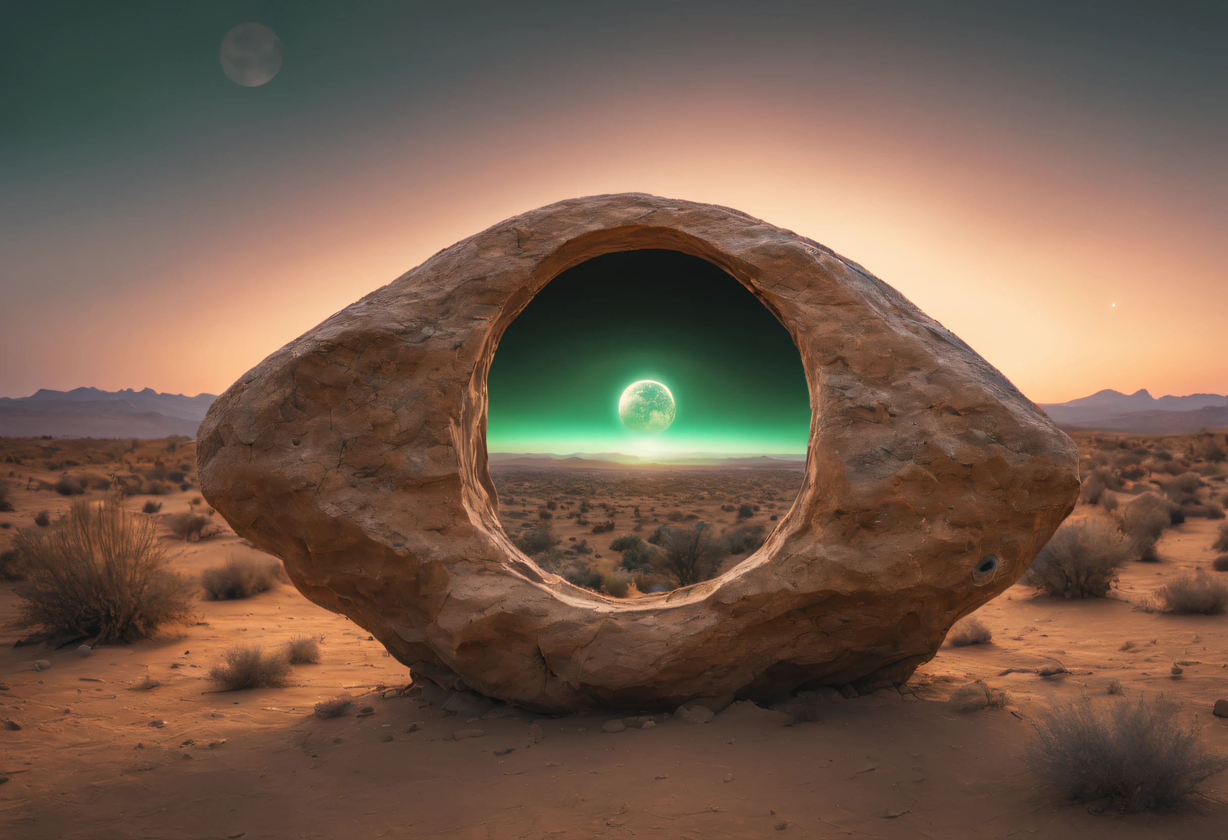 a photo taken from the ground of a large rocky shape in the desert, com um buraco em forma de olho no meio. This eye is transparent, with a greenish lens through which one can see the horizon beyond. There&#39;s a moon inside the eye, como se fosse seu aluno. There are dry biophilic forms of the rock. xerophytic plants throughout the landscape. Starry night sky, milky ways. Surrealismo 8k, hiper-realismo | bipe, arte conceitual surreal, Diretor: Filip Hodas, symmetrical fantasy landscape, intrincado, incrivelmente detalhado, HDR