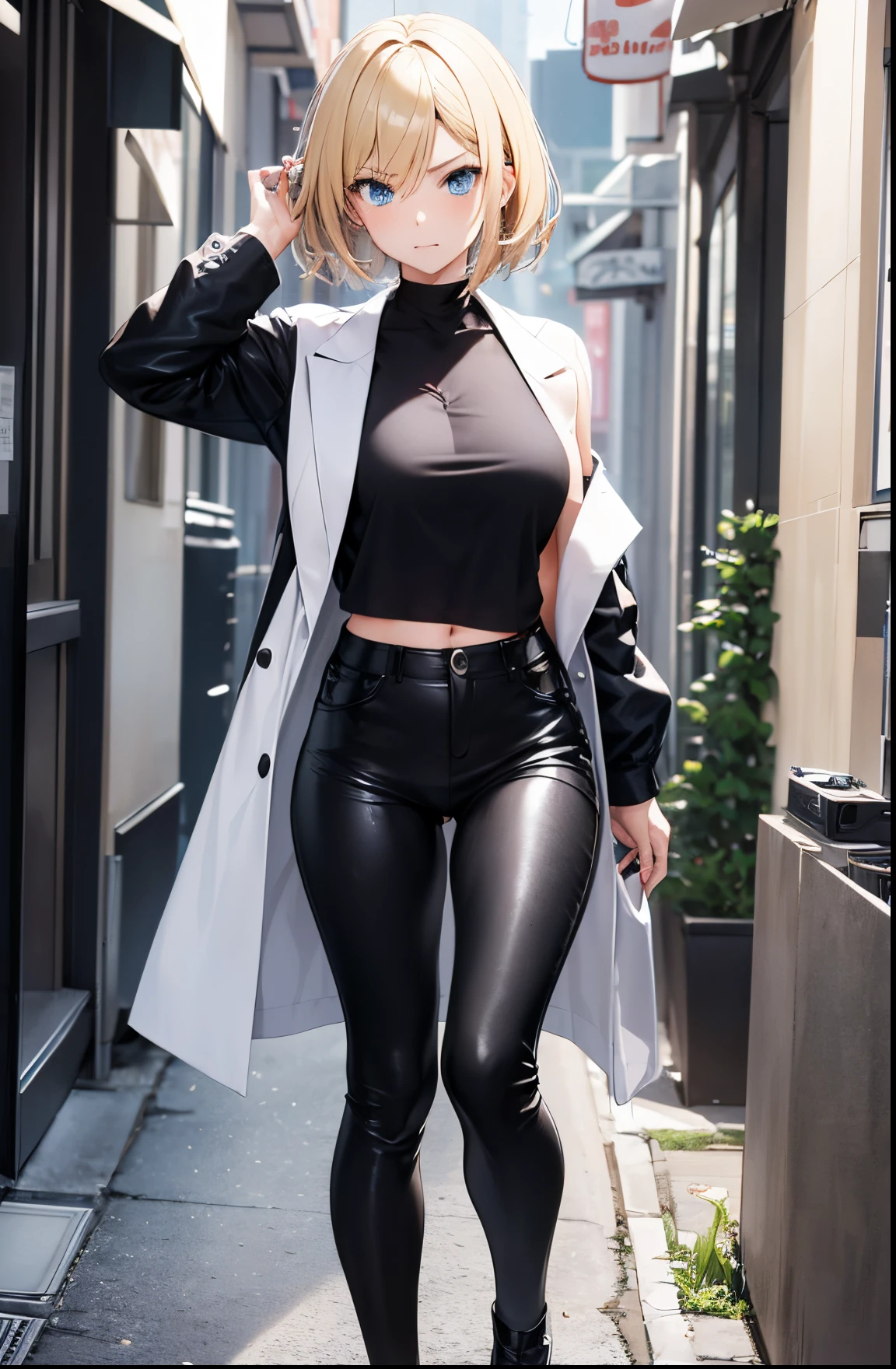 2D Anime Style、Blue eyes、Beautiful shining eyes,  (Talented lo-fi:1.3),breasts are slightly larger、high and beautiful nose,Beautiful face with slender contours,A cool adult woman with short blonde hair and an angry expression looking up..............、Fashion that shows off your stomach, He is wearing an unbuttoned black shirt and black leather pants。。。..,Wearing a white coat,walking down the streets of america,