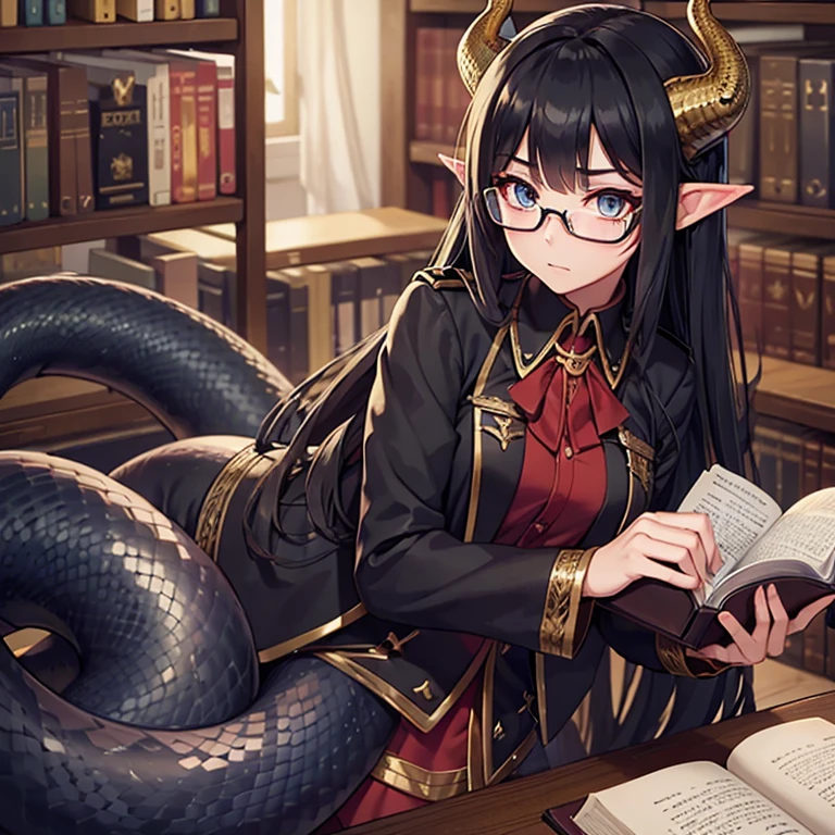 detailed snake skin, (teen girl), solo focus, (lamia), stoic, monster girl, (short horns), beautiful eyes, thick glasses, long black hair, holding a book, uniform, pointed ears, in a library, shy