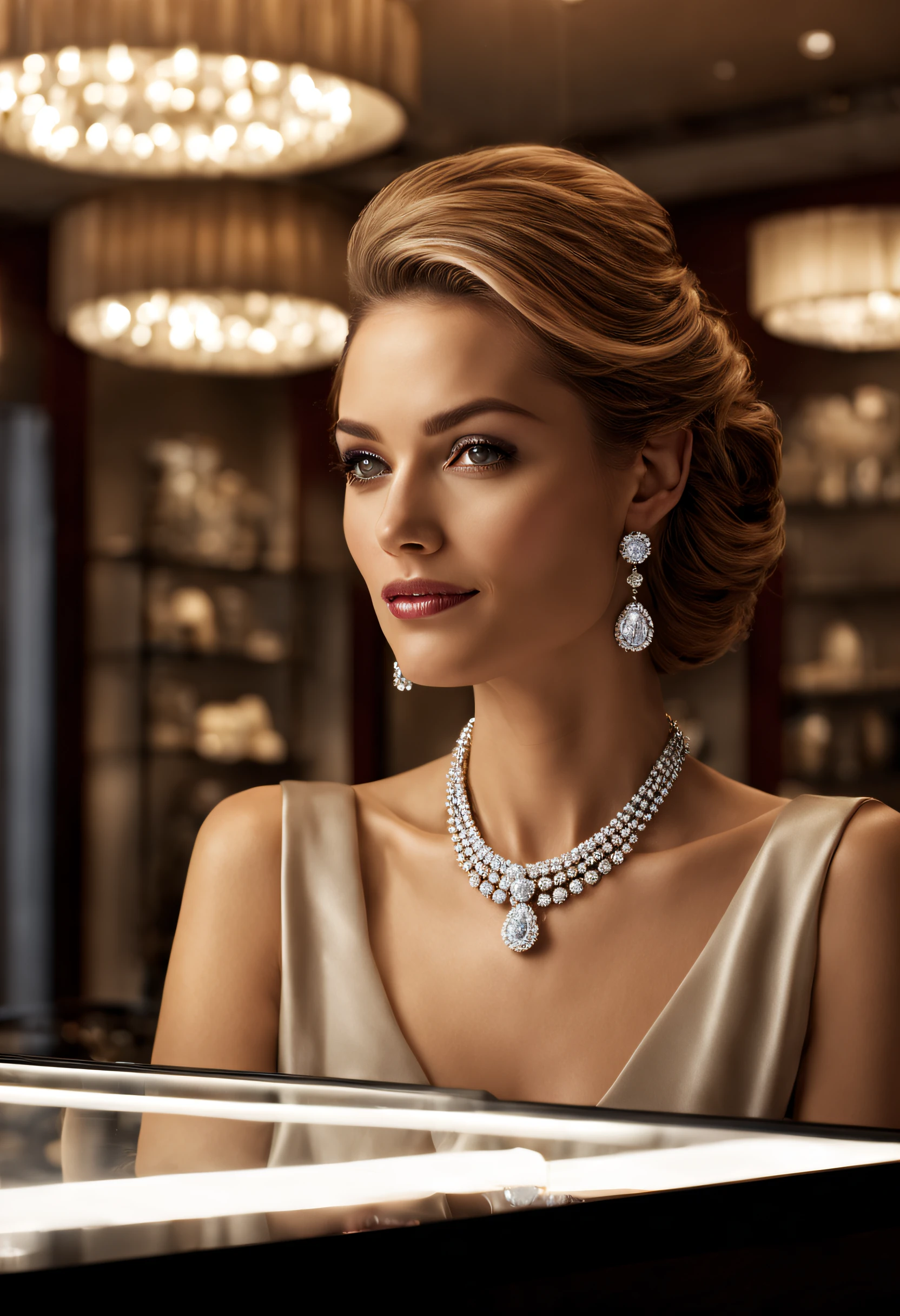 Create a photorealistic image of a glamorous woman adorned with luxurious diamond jewelry, seated in the upscale ambiance of a high-end jewelry salon. The setting is intimate, with soft, warm lighting that accentuates the sparkle of the jewelry and the woman's refined elegance. Focus on the exquisite details of her diamond necklace and diamond earring studs, set against the backdrop of elegant display cases showcasing fine diamond jewelry. The scene should be captured as if through a Canon EOS 5D Mark IV with a 50mm lens, rendering the image with cinematic quality, a shallow depth of field, and a rich, inviting atmosphere. --ar 16:9 --v 5.2 --style cinematic --quality best