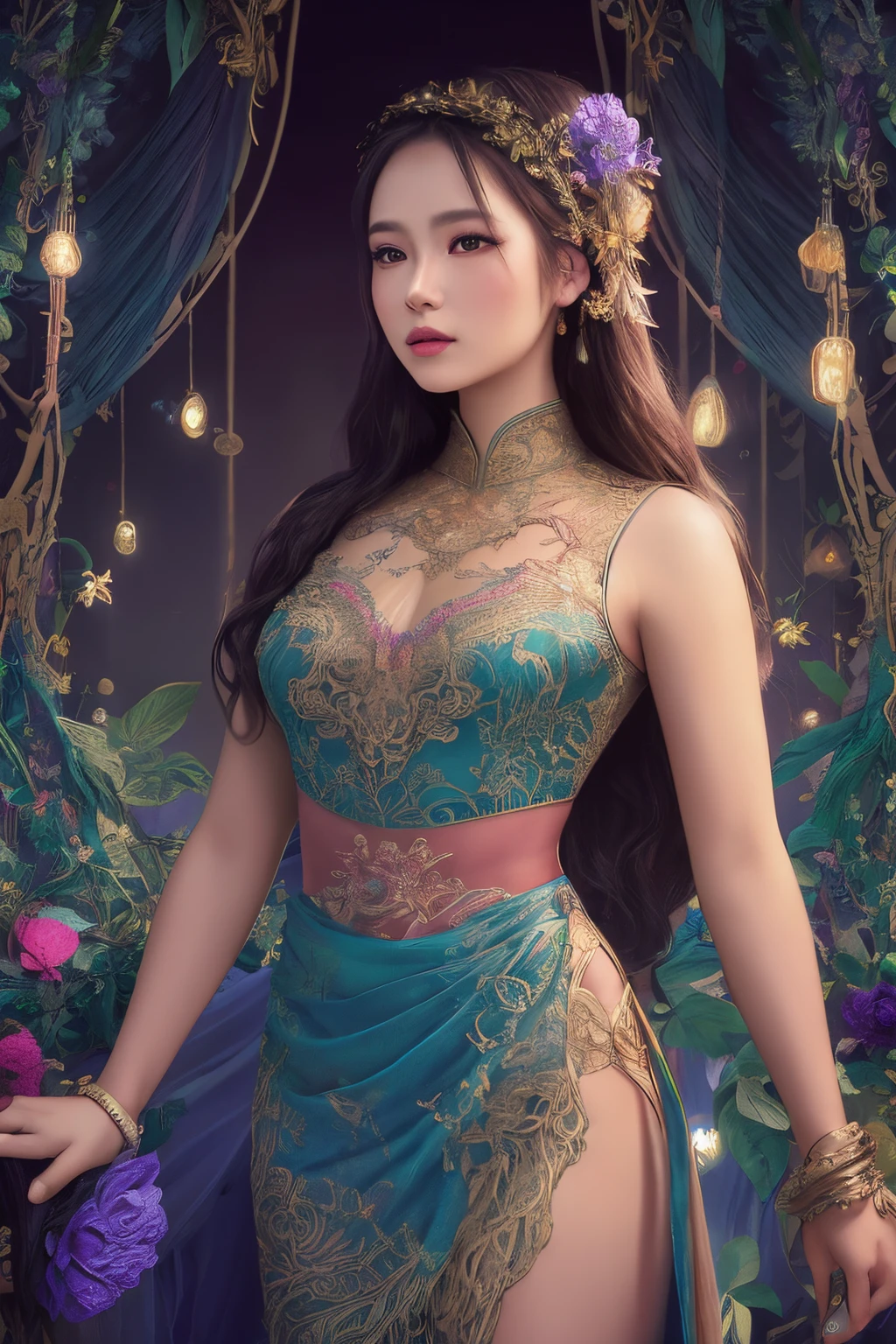 an intricate image of a [balinese girl in kebaya with flowing songket cloth], [blue] foliage with [pink and violet] flowery vines background. work of beauty and complexity. ultra detailed features.
 fantasy style. glowing fractal glass elements. dynamic pose. amber glow. flowercore. At night