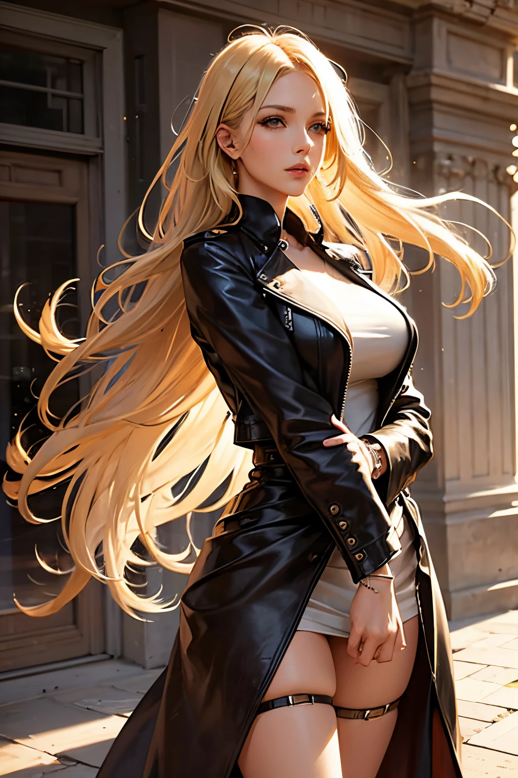 tall, beautiful woman with an hourglass figure. she has blonde hair and brown eyes. she wears loose and flowing cloth dresses and leather jackets. she has an energetic yet easy going personality