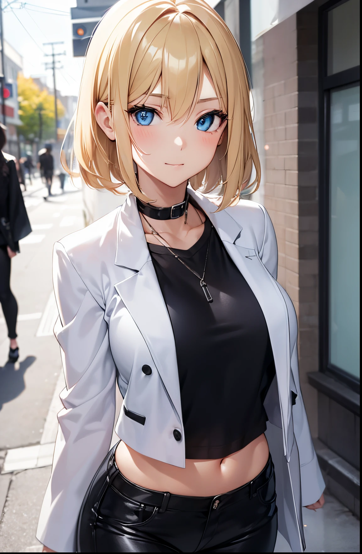 2D Anime Style、Blue eyes、Beautiful shining eyes, (Talented lo-fi:1.3),breasts are slightly larger、high and beautiful nose,Beautiful face with slender contours,A cool adult woman with short blonde hair and a sharp expression looking up...............、Fashion that shows off your stomach, He is wearing an unbuttoned black shirt and black leather pants。。。。..,Wearing a white coat,walking down the streets of america,