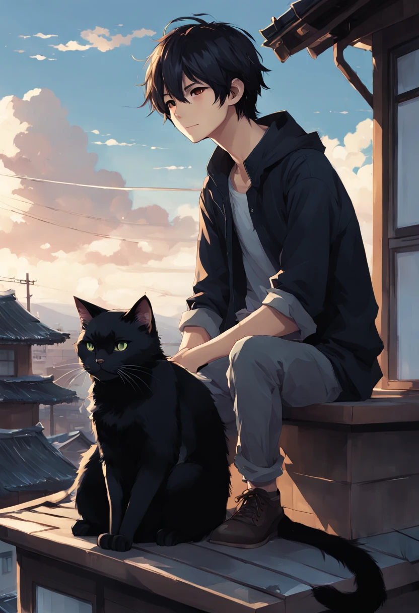 Anime boy sitting on the roof with a black cat and a house in the background, Digital Painting by Kunkan, Pixiv Contest Winner, shin hanga, artwork in the style of guweiz, guweiz and makoto shinkai, cute detailed artwork, lofi art, cute detailed digital art, Cute art style, lofi artstyle, guweiz, lofi