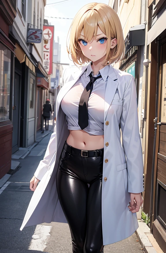2D Anime Style、Blue eyes、Beautiful shining eyes, (Talented lo-fi:1.3),breasts are slightly larger、high and beautiful nose,Beautiful face with slender contours,A cool adult woman with short blonde hair and an angry expression.............、Fashion that shows off your stomach, He is wearing an unbuttoned white shirt and black leather pants.,Wearing a white coat,walking down the streets of america,