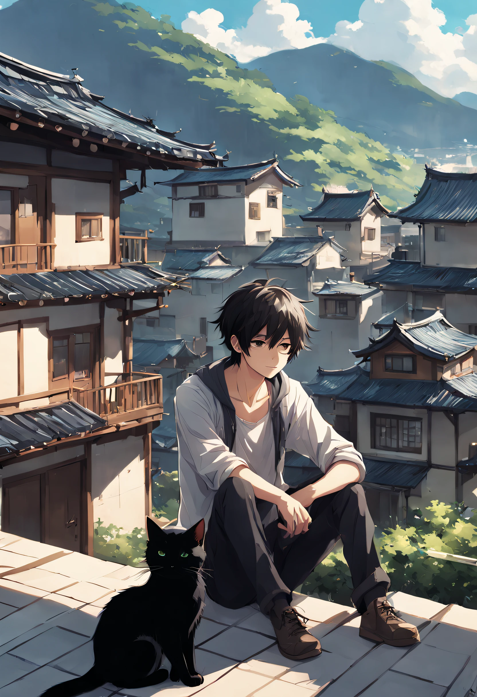 Anime boy sitting on the roof with a black cat and a house in the background, Digital painting by Kunkan, Pixiv Contest Winner, shin hanga, artwork in the style of guweiz, guweiz and makoto shinkai, cute detailed artwork, lofi art, cute detailed digital art, Cute art style, lofi artstyle, guweiz, lofi