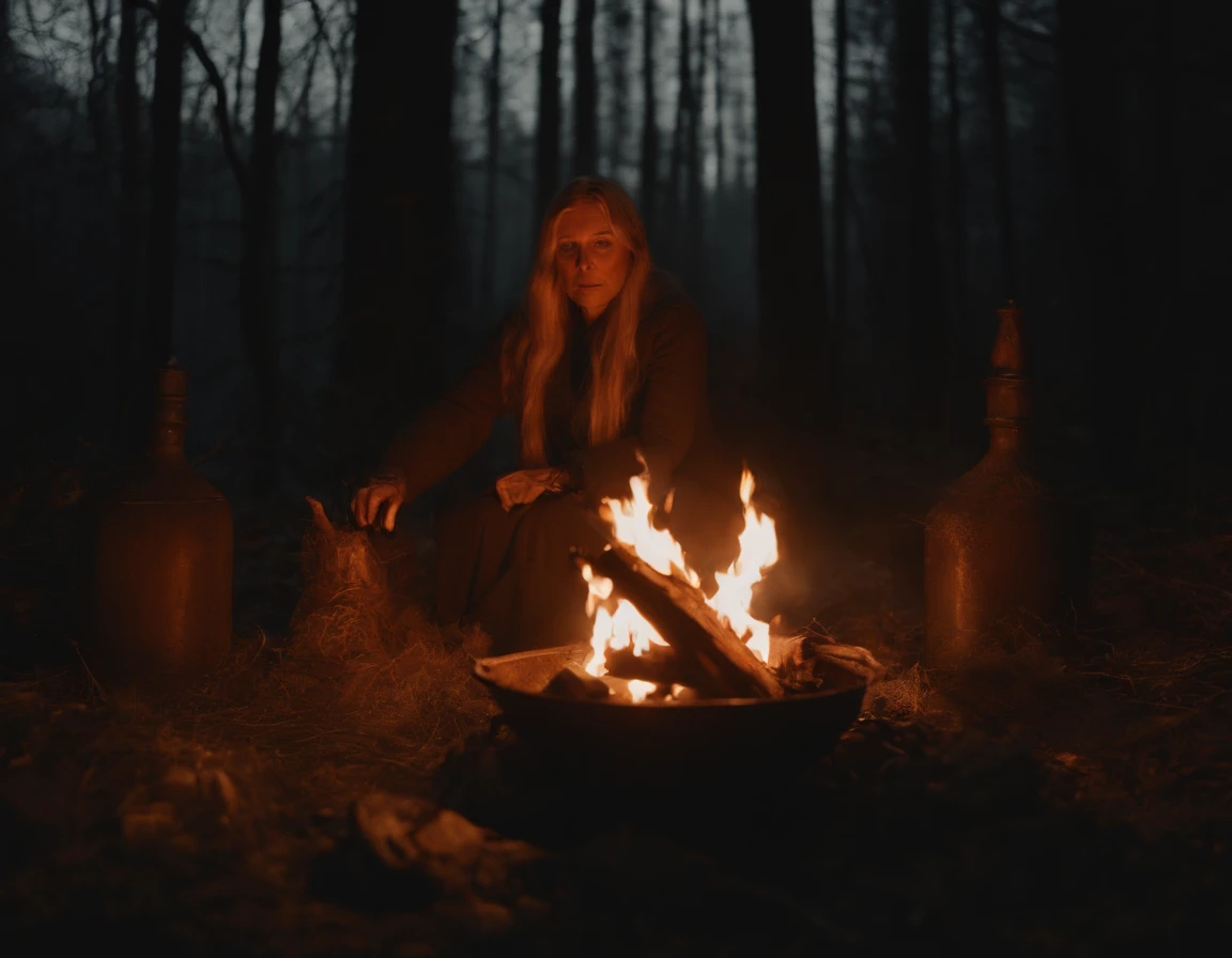 A disturbing trial by fire in a tense, unsettling atmosphere, with historically accurate dialogues, capturing the mood of The Witch, featuring flame orange, style raw