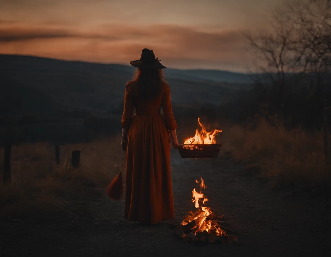 A disturbing trial by fire in a tense, unsettling atmosphere, with historically accurate dialogues, capturing the mood of The Witch, featuring flame orange, style raw