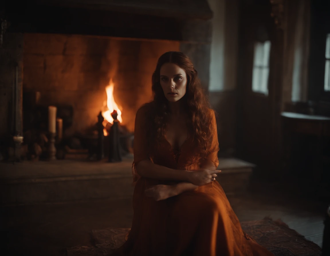 A disturbing trial by fire in a tense, unsettling atmosphere, with historically accurate dialogues, capturing the mood of The Witch, featuring flame orange, style raw