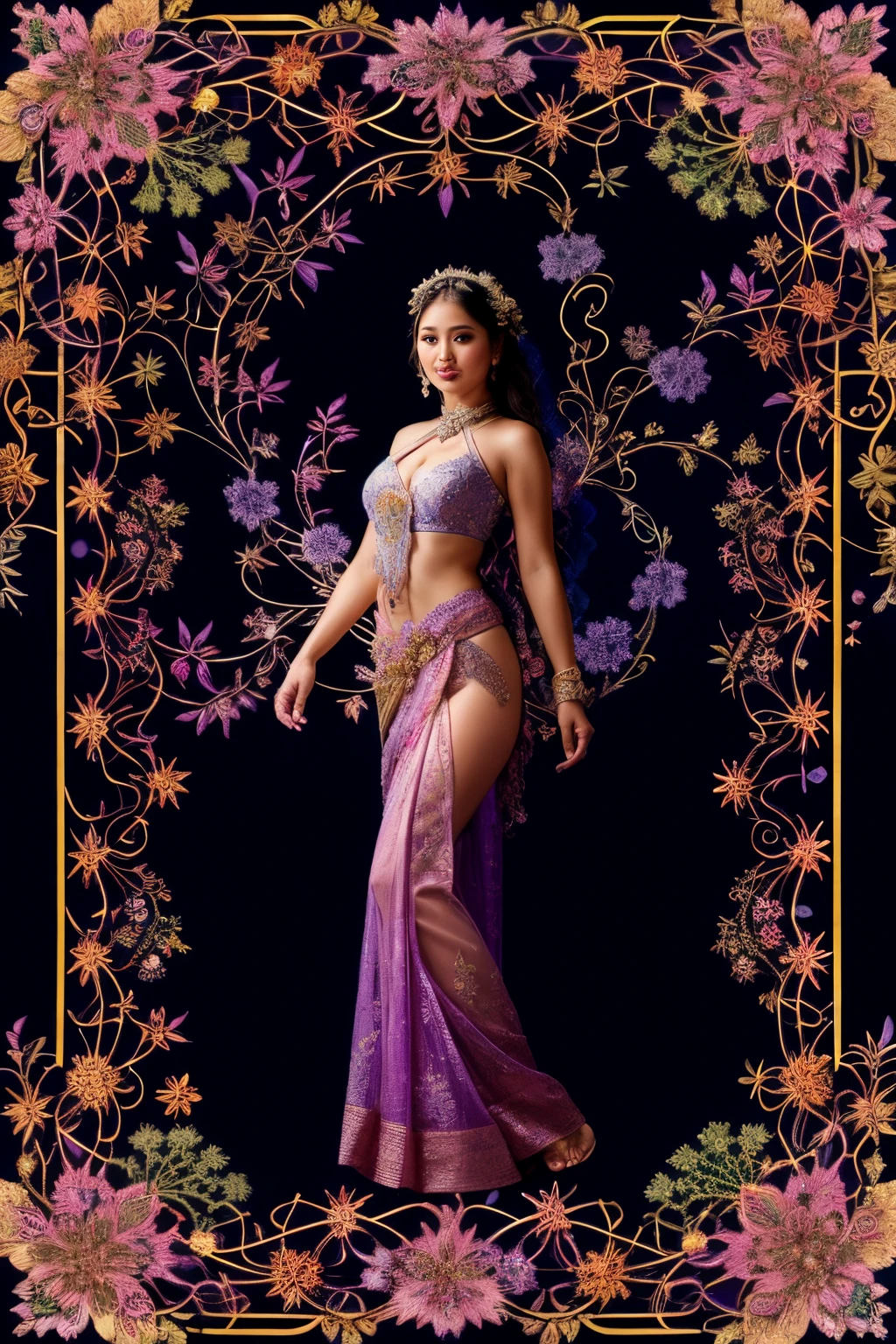 an intricate image of a [balinese girl in kebaya with flowing songket cloth], [blue] foliage with [pink and violet] flowery vines background. work of beauty and complexity. ultra detailed features.
 fantasy style. glowing fractal glass elements. dynamic pose. amber glow. flowercore. At night