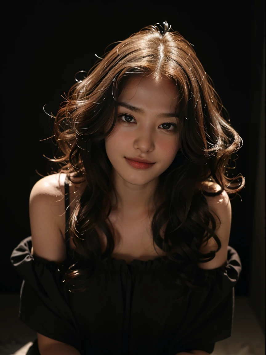 1girl, smirk, curly hair, in the dark, deep shadow