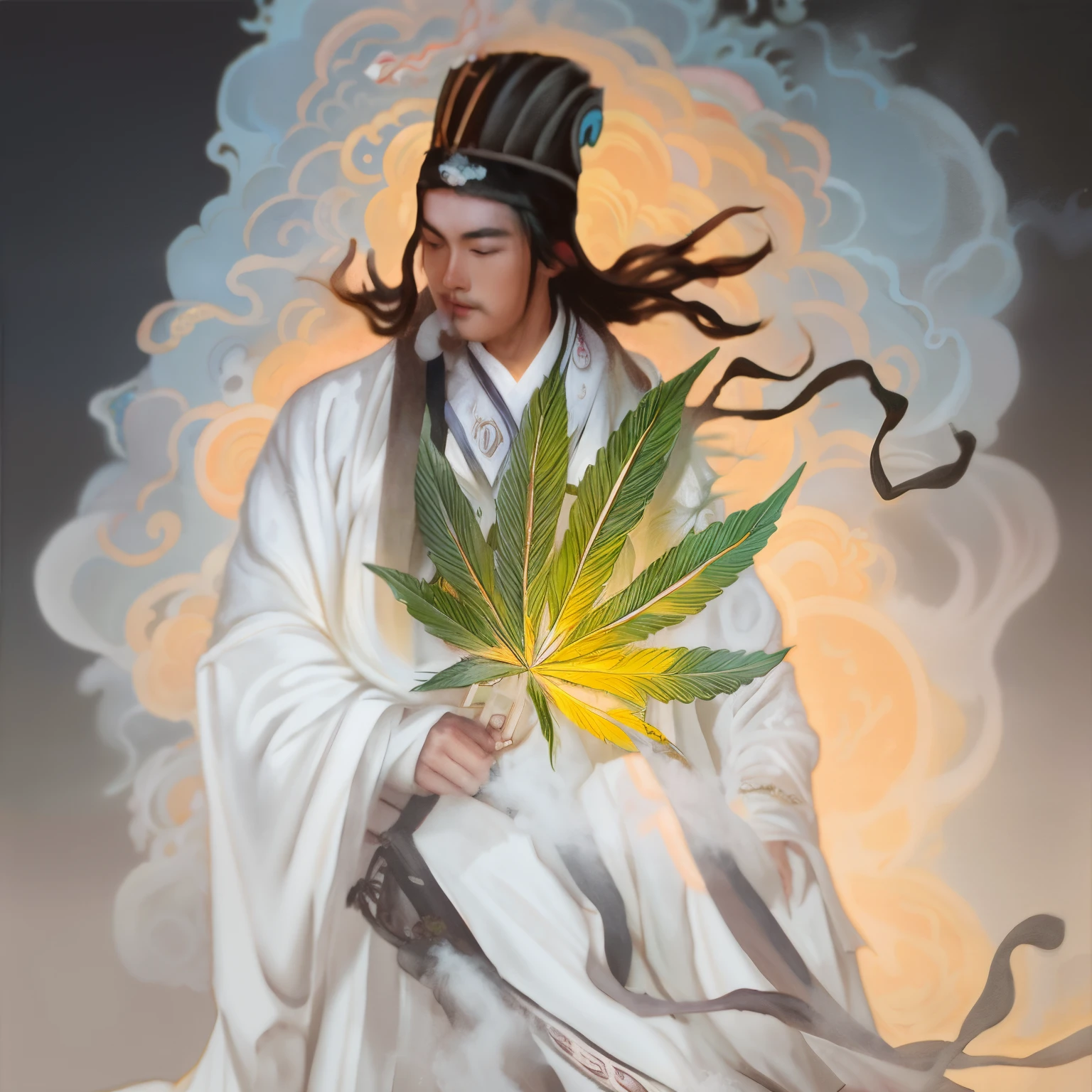 Araf man in white robe holding marijuana leaf, bian lian, Marijuana personification, inspired by Hu Zaobin, guanyu, hua cheng, Inspired by Cao Zhibai, inspired by Wu Daozi, Qigong, Detailed Bushido Foam Smoke, Inspired by Shen Quang, from three kingdoms, feng shu, Inspired by Ma Quan