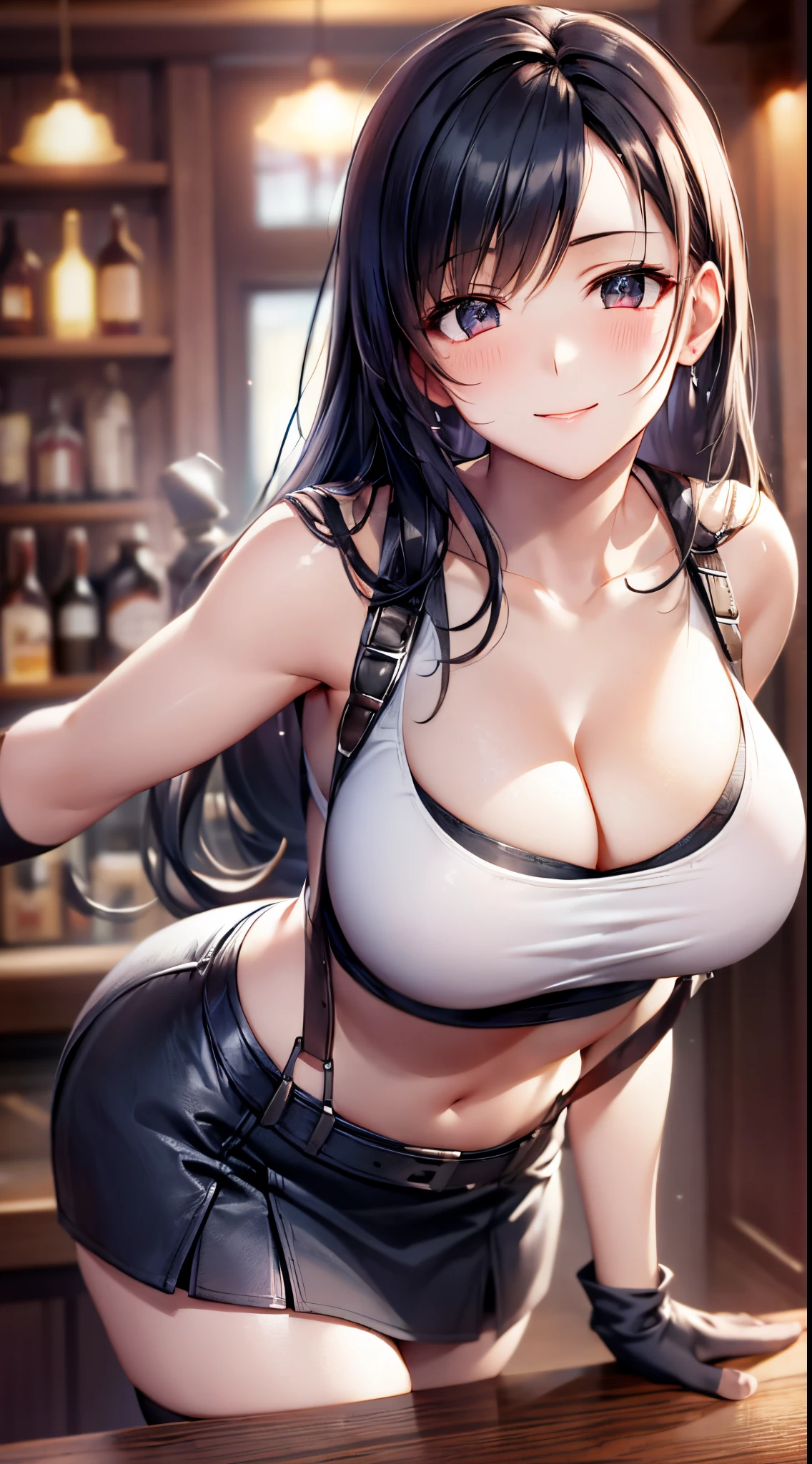 best quality, ultra-detailed, high resolution, extremely detailed CG, unity 8k wallpaper, super detailed skin, detailed, dynamic lighting, beautiful detailed eyes, tifa ff7, 1girl, solo, looking at viewer, blush, seductive smile, white tank top, black skirt, suspender skirt, midriff, black thighhighs, red gloves, bra, zettai ryouiki, bent over, head tilt, bar counter, showing panties, dynamic angle, dynamic pose,