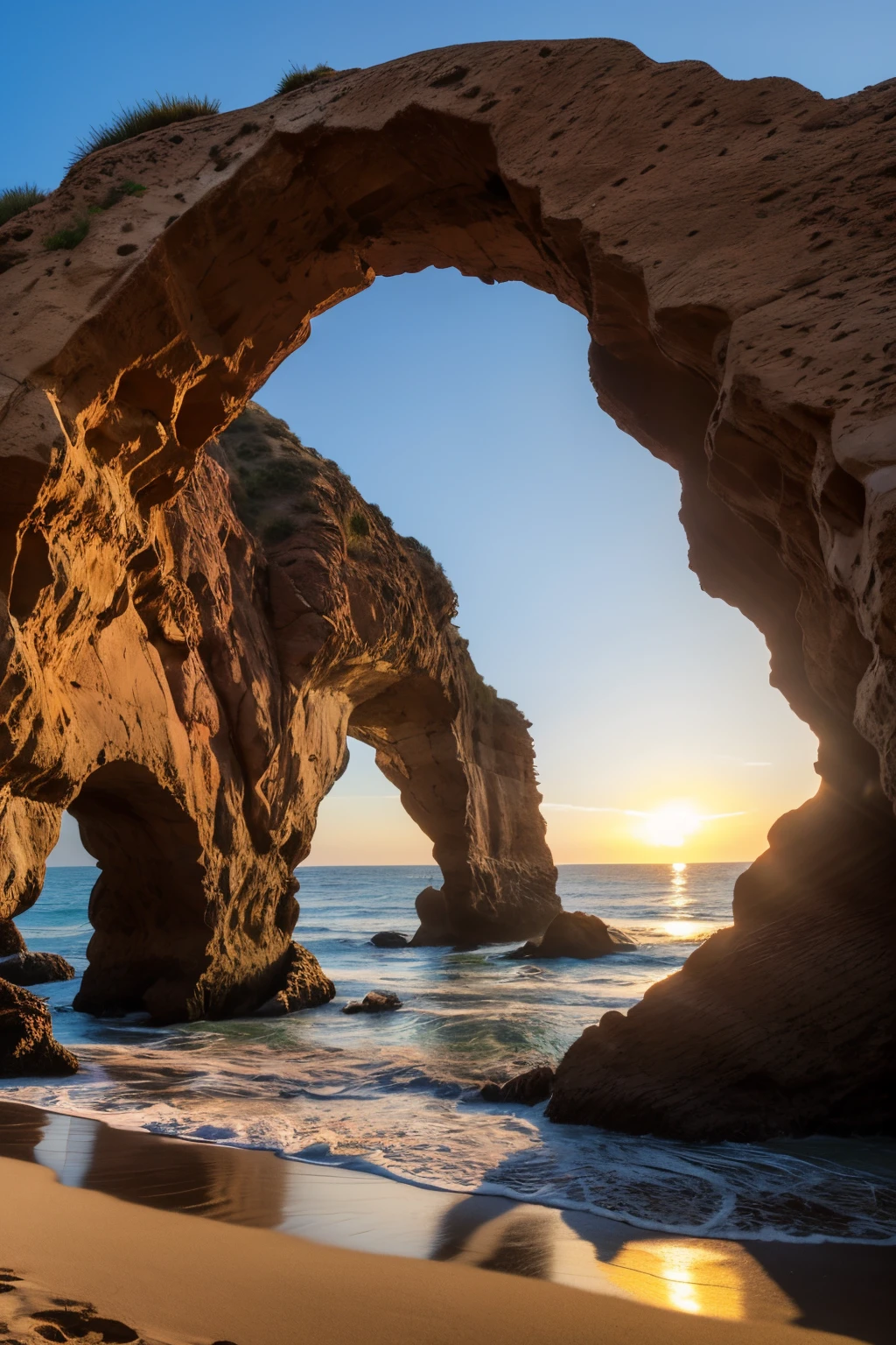 Highly detailed landscape, Keyhole Arch sunset, a natural arch cut into the rocks by the nearby pounding waves, is situated not far from a purple sand beach. Keyhole Rock at one of California's most beautiful beaches, Pfeiffer Beach
