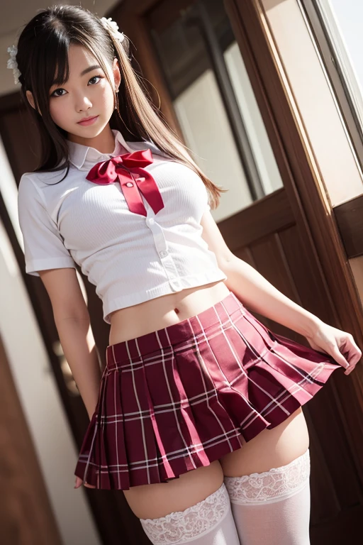 She wears a high school uniform、she is very beautiful and a beautiful girl、your smile is cute、breasts are large、I'm wearing a pleated skirt、The skirt is very short、I can see my panties waving in the wind、Panties are cute white、The blouse is transparent and you can see the bra.、The hairstyle is twin-tailed、I'm wearing white tights、full bodyesbian、masutepiece、A detailed、masutepiece、portlate、Raw photo、top-quality、​masterpiece、超A high resolution、(Photorealsitic:1.4)、octan render、8K picture quality、ultrasharp、Details of complex ornaments、Extreme Detail