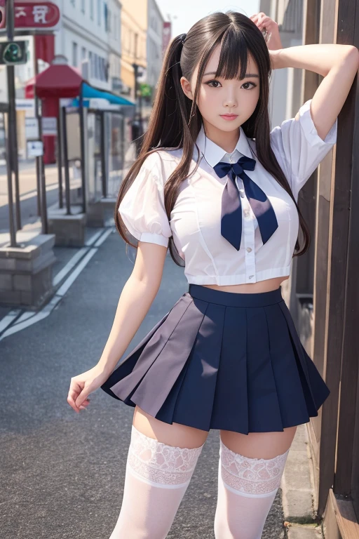 She wears a high school uniform、she is very beautiful and a beautiful girl、your smile is cute、breasts are large、I'm wearing a pleated skirt、The skirt is very short、I can see my panties waving in the wind、Panties are cute white、The blouse is transparent and you can see the bra.、The hairstyle is twin-tailed、I'm wearing white tights、full bodyesbian、masutepiece、A detailed、masutepiece、portlate、Raw photo、top-quality、masterpiece、超A high resolution、(Photorealsitic:1.4)、octan render、8K picture quality、ultrasharp、Details of complex ornaments、Extreme Detail