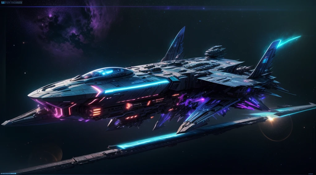 ((Blacklight 霓虹灯 Trippy Psytrance Black light UV)), (space art), (high angle view:1.2), in space, A Large aircraft carriers , Below the spaceship is space,Cyberpunk, Dreamy Glow, Luminous neon lamp, ( Global illumination, raytracing, HDR, unreal render,reasonable design, high detailed, masterpiece, best quality, UHD, Cinematic Lighting), antitech, mecha musume