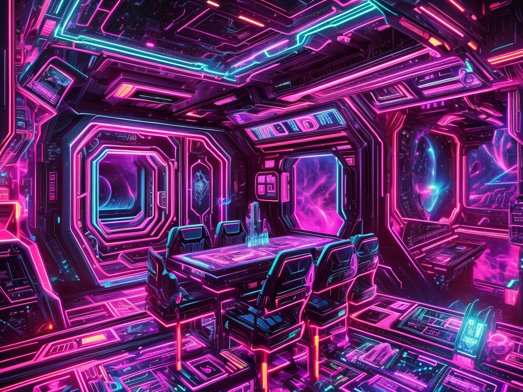 （space black light art），（high perspective：1.2），In space，Large aircraft carriers，Space underneath the spaceship，cyber punk perssonage，Dreamy glow，luminous neon lights，（Rational design，high detal，tmasterpiece，best qualtiy，hyper HD，cinmatic lighting）, ((Blacklight Neon Trippy Psytrance Black light UV)), （blacklight UV：1.8）, antitech, mecha musume