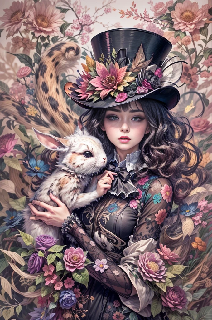 Official art, Unity 8k壁纸, ultra-detailliert, Beautiful and aesthetic, masutepiece, Best Quality, (Zentangle, mandalas, Tangle, Entangle), (Fractal Art:1.3) ,1girl in, (((A woman wearing a top hat and holding a rabbit in her hand))), Bird feathers and flowers on top hat、cheshire cat behind、Smaller chest、Extremely detailed, Dynamic Angle, cowboy shot, Most Beautiful Form of Chaos, Elegant, a brutalist designed, vivd colour, romanticism, by james jean, roby dwi antono, by Ross Tran, Francis Bacon, michal mraz, Adrian Ghenny, petra cortright, Gerhard Richter, Takato Yamamoto, Ashley Wood, Atmospheric, ecstasy of musical notes, streaming musical notes visible. Full body portrait. Luminescent. Luminous, 4K, Pitch black background