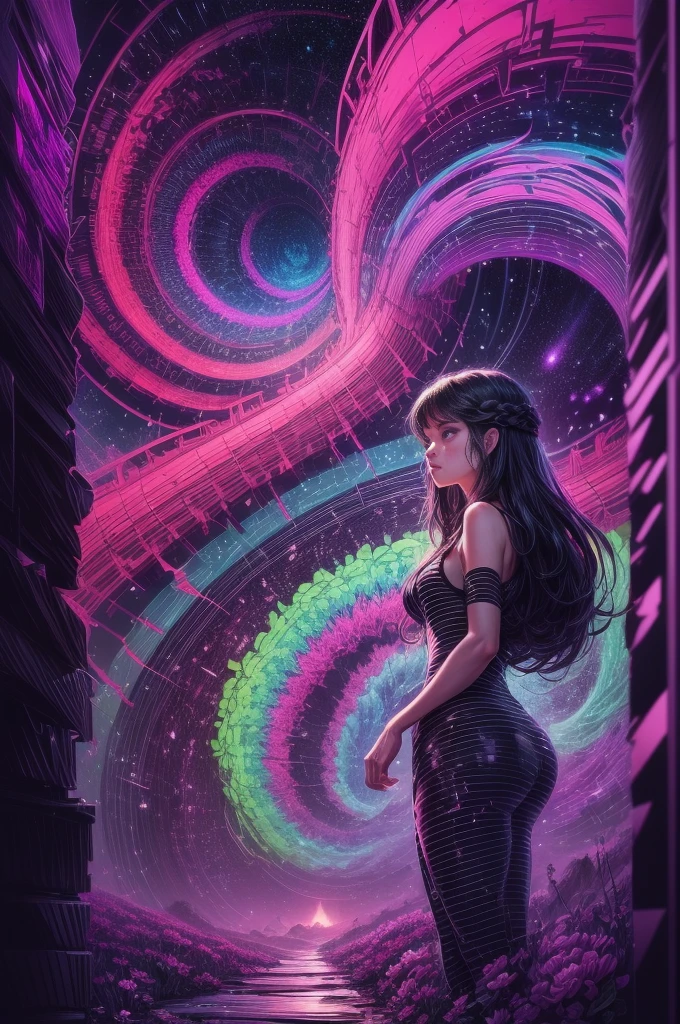 (Girl stands in front of swirl of colorful black light: 1.5),((neon starlight, around flowers,The truth, expecting, depth of fields, insight, Got it, Monte, The Milky Way is lush, translucent cloud, spectrum, in a panoramic view, Interstellar cycles, loopy, Web portals, bigger, rays of black light, Global blacklight UV,The sky is covered with beautiful blacklight UV)),Vibrant blacklight colors,thickline,swell sea,Multi-layered,foreground、Faraway view、fractal thunder dan mumford,Damford and Alex Gray Styles,psychedelic surreal art,Surrealist psychedelic design,dream art style,Illusion psychedelic art,Infinite psychedelic waves,inspired by Cyril Rolando (Cyril Rolando),Real corrugated structure,Psychedelic art style,trippy art,psychedelic illustrations, (black light art painting: 1.8)(blacklight UV: 1.5),(solo),Blacklight
