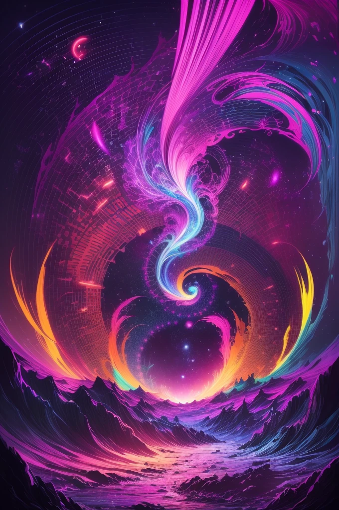 (Girl stands in front of swirl of colorful black light: 1.5),((neon starlight, around flowers,The truth, expecting, depth of fields, insight, Got it, Monte, The Milky Way is lush, translucent cloud, spectrum, in a panoramic view, Interstellar cycles, loopy, Web portals, bigger, rays of black light, Global blacklight UV,The sky is covered with beautiful blacklight UV)),Vibrant blacklight colors,thickline,swell sea,Multi-layered,foreground、Faraway view、fractal thunder dan mumford,Damford and Alex Gray Styles,psychedelic surreal art,Surrealist psychedelic design,dream art style,Illusion psychedelic art,Infinite psychedelic waves,inspired by Cyril Rolando (Cyril Rolando),Real corrugated structure,Psychedelic art style,trippy art,psychedelic illustrations, (black light art painting: 1.8)(blacklight UV: 1.5),(solo),Blacklight