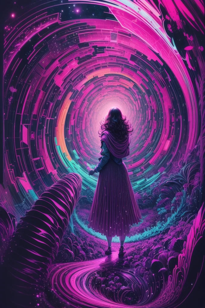 （Girl stands in front of swirl of colorful black light: 1.5），((neon starlight， around flowers，The truth， expecting， depth of fields， insight， Got it， Monte， The Milky Way is lush, translucent cloud， spectrum， in a panoramic view， Interstellar cycles， loopy， Web portals， bigger， rays of black light， Global blacklight UV，The sky is covered with beautiful blacklight UV))，Vibrant blacklight colors，thickline，swell sea，Multi-layered，foreground、Faraway view、fractal thunder dan mumford，Damford and Alex Gray Styles，psychedelic surreal art，Surrealist psychedelic design，dream art style，Illusion psychedelic art，Infinite psychedelic waves，inspired by Cyril Rolando (Cyril Rolando)，Real corrugated structure，Psychedelic art style，trippy art，psychedelic illustrations, （black light art painting: 1.8）（blacklight UV: 1.5），(solo)，Blacklight