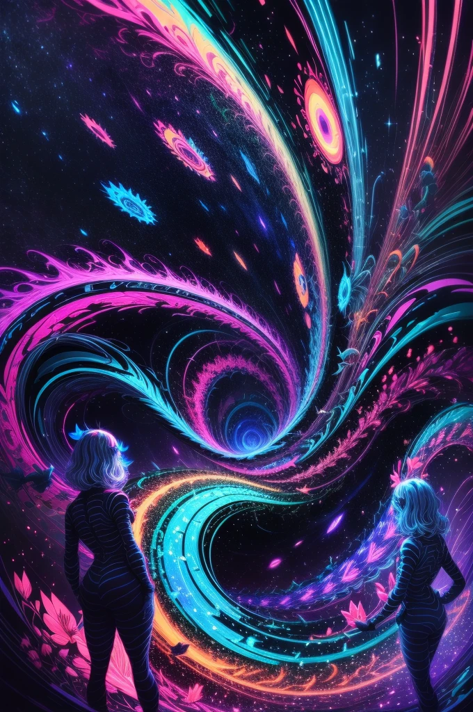 (Girl stands in front of swirl of colorful black light: 1.5),((neon starlight, around flowers,The truth, expecting, depth of fields, insight, Got it, Monte, The Milky Way is lush, translucent cloud, spectrum, in a panoramic view, Interstellar cycles, loopy, Web portals, bigger, rays of black light, Global blacklight UV,The sky is covered with beautiful blacklight UV)),Vibrant blacklight colors,thickline,swell sea,Multi-layered,foreground、Faraway view、fractal thunder dan mumford,Damford and Alex Gray Styles,psychedelic surreal art,Surrealist psychedelic design,dream art style,Illusion psychedelic art,Infinite psychedelic waves,inspired by Cyril Rolando (Cyril Rolando),Real corrugated structure,Psychedelic art style,trippy art,psychedelic illustrations, (black light art painting: 1.8)(blacklight UV: 1.5),(solo),blacklight