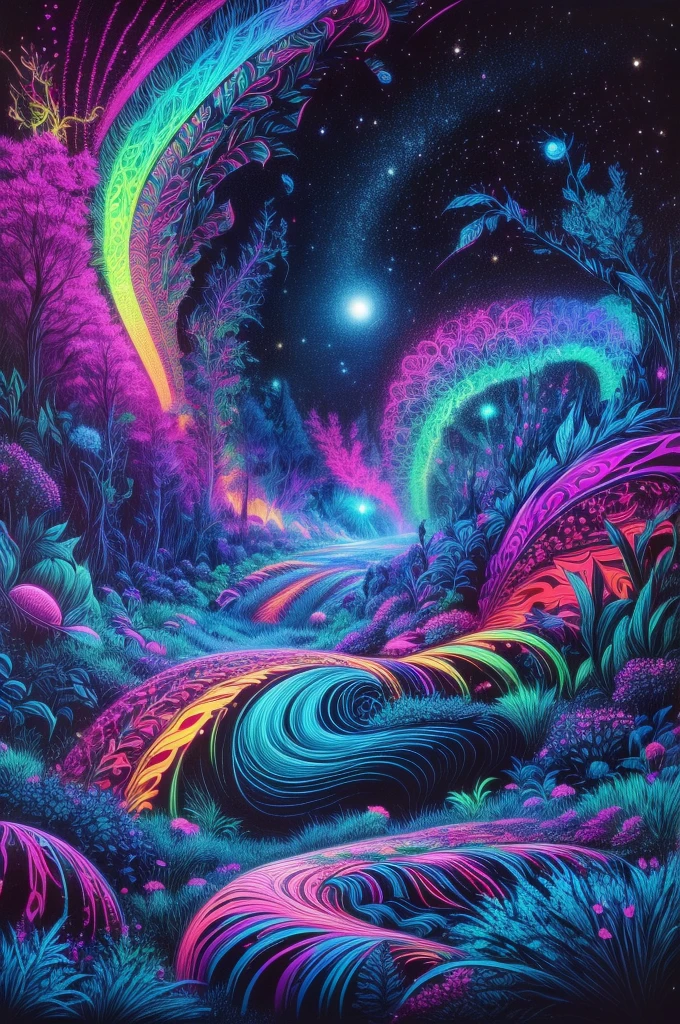 （Girl stands in front of swirl of colorful black light: 1.5），((neon starlight， around flowers，The truth， expecting， depth of fields， insight， Got it， Monte， The Milky Way is lush, translucent cloud， spectrum， in a panoramic view， Interstellar cycles， loopy， Web portals， bigger， rays of black light， Global blacklight UV，The sky is covered with beautiful blacklight UV))，Vibrant blacklight colors，thickline，swell sea，Multi-layered，foreground、Faraway view、fractal thunder dan mumford，Damford and Alex Gray Styles，psychedelic surreal art，Surrealist psychedelic design，dream art style，Illusion psychedelic art，Infinite psychedelic waves，inspired by Cyril Rolando (Cyril Rolando)，Real corrugated structure，Psychedelic art style，trippy art，psychedelic illustrations, （black light art painting: 1.8）（blacklight UV: 1.5），(solo)，blacklight