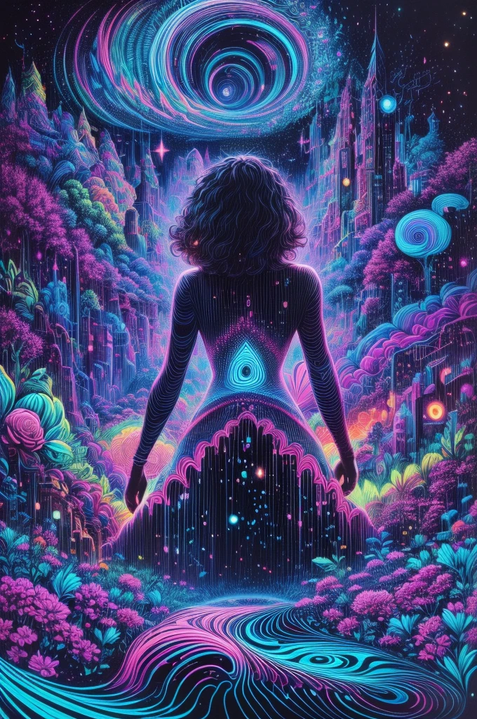 （Girl stands in front of swirl of colorful black light: 1.5），((neon starlight， around flowers，The truth， expecting， depth of fields， insight， Got it， Monte， The Milky Way is lush, translucent cloud， spectrum， in a panoramic view， Interstellar cycles， loopy， Web portals， bigger， rays of black light， Global blacklight UV，The sky is covered with beautiful blacklight UV))，Vibrant blacklight colors，thickline，swell sea，Multi-layered，foreground、Faraway view、fractal thunder dan mumford，Damford and Alex Gray Styles，psychedelic surreal art，Surrealist psychedelic design，dream art style，Illusion psychedelic art，Infinite psychedelic waves，inspired by Cyril Rolando (Cyril Rolando)，Real corrugated structure，Psychedelic art style，trippy art，psychedelic illustrations, （black light art painting: 1.8）（blacklight UV: 1.5），(solo)，blacklight