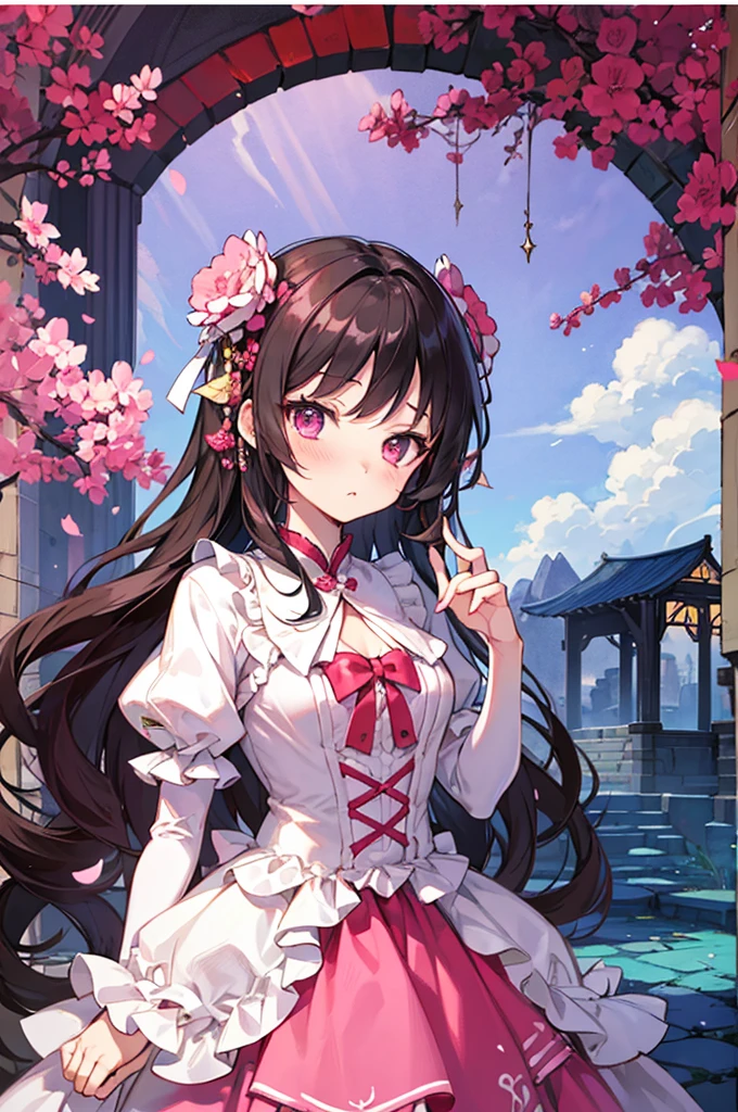 tmasterpiece, Best quality at best, The is very detailed, Huang Li, Expressive clothes, fine fabric emphasis, ray traycing, Fantasy style, Standing picture, 1 busty girl, girlish, lolita , A princess, girl, the shy, The face is red, pouting, change,pink color clothes , Fashionab, Perverted woman, with dynamism, rich colourful, dynamic, Background with, element in