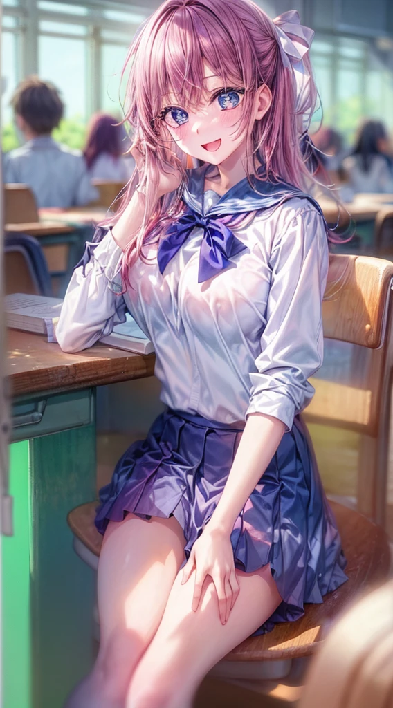 1 girl in、sitting at the desk in the classroom、‎Classroom、Fluttering hair、length hair、blue eyess、radiant eyes、finely eye、skirt by the、独奏、up foot、a sailor suit、Navel、pleatedskirt、a navel、blue eyess、white  shirt、gargantilha、a smile、mideum breasts、look at viewr、open open mouth、、huge tit、