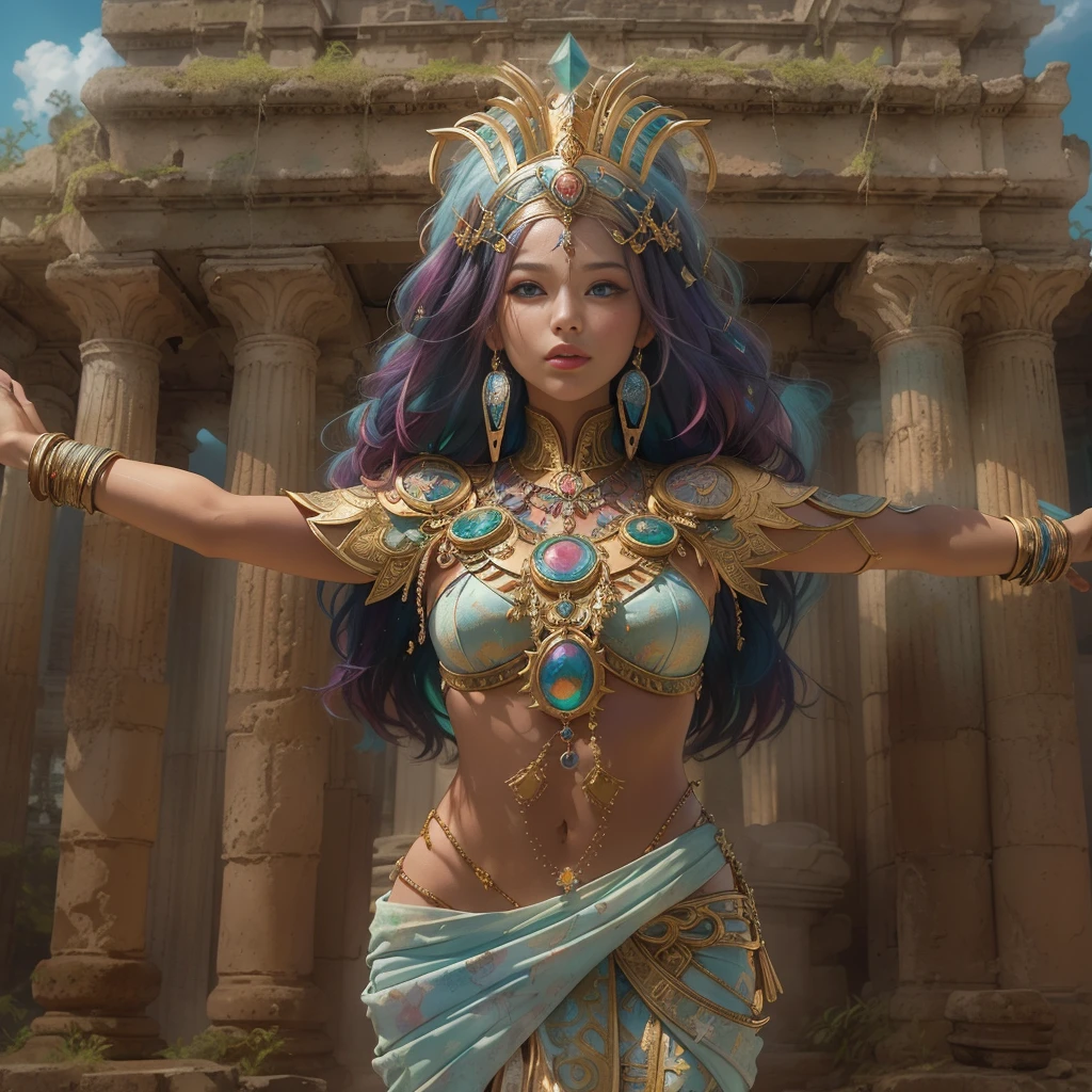 (Multiple award-winning works, With incredible details, textures and maximum detail), （Queen of Egypt）(full-body standing image:1.8), (upper body:0.3), (hyper realisitc:1.4), (actual:1.3), (best quality real texture skin),, (Exquisite, round and symmetrical eyes), (Carefully drawn beautiful face), , (full-body standing image:1.8), (Beautiful and clear eyes), (light  smile), (Beautiful colorful eyes full of joy), (Shining majestic cloud masses and sky:1.4), (halo optical phenomenon:1.3), Dramatic light, A majestic sight,, (full-body standing image:1.8),  (combed blonde hair), (silber hair), (maroon hair), Short hair details, ((look up to;Inquire)), ((looking-down)), (A beautifully crafted simple necklace hangs around her neck), Ancient ruins overgrown with plants, Great temple, , The ruins of an ancient castle, abandoned ruins, crumbling ruins, monumental site，The water is clear, The content is very detailed, Surreal, Complicated details, Draw one (a work of art), ((tmasterpiece,Best quality)), ((电影灯光)), hyper realisitc, fearsome, dark fantacy, divinelight, Epic reality, faded, ((com cores neutras)), artistically, (HighDynamicRange:1.5), (pastel colour:1.2), ultra - detailed, (art  stations:1.5), Cinematic, illuminate warmly, Light effect, Dramatic light, (Complicated details:1.1), the complex background, (Greg Rutkoski:0.8), (cyan and orange:0.4),