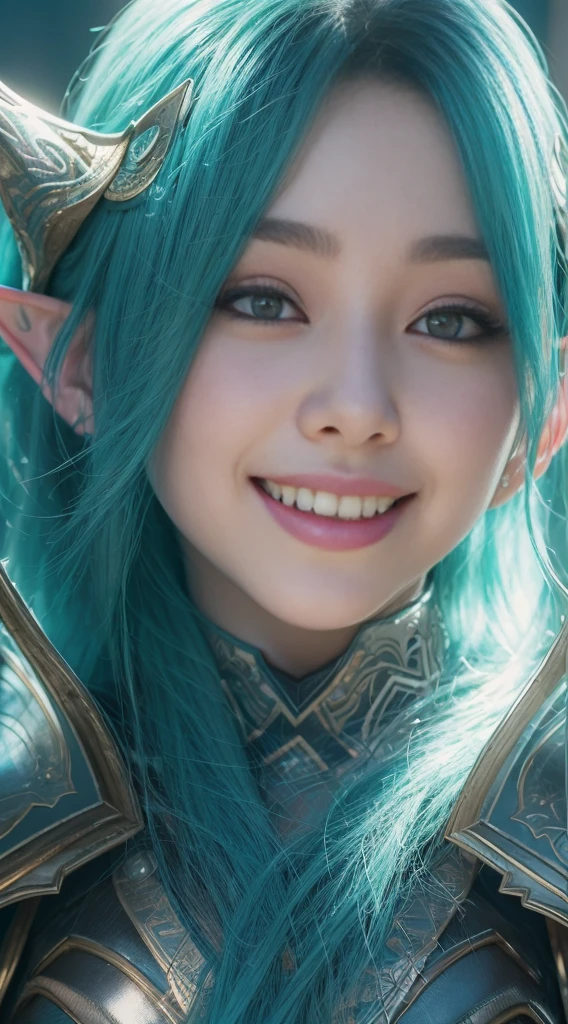 2 young women elf, face is the most beautiful female star in asia, hair blue to shave, unreal engine 5 rendered, 8k resolution, big smile, armor short black