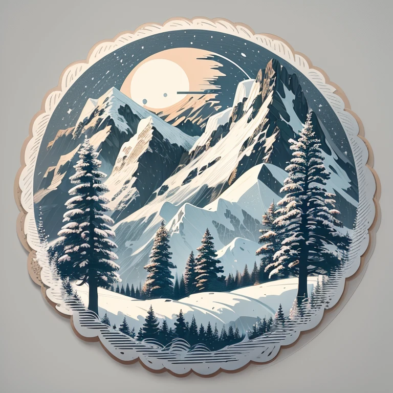 (Sticker),White background,(in circle), winter mountain with pine tree, ,Simple, Ultra detailed, Detailed drawing, vectorised, Silhouette, 8K, professional sticker design, Flat design, Vector lines, Sticker, Full-HD
